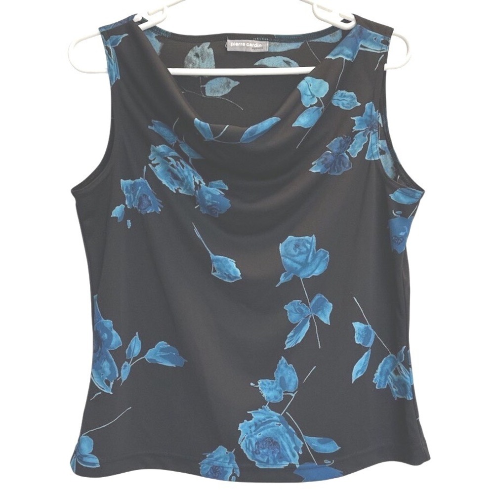 Pierre Cardin Options Womens Blue Floral Rose Cowl‎ Neck Sleeveless Top Blouse
